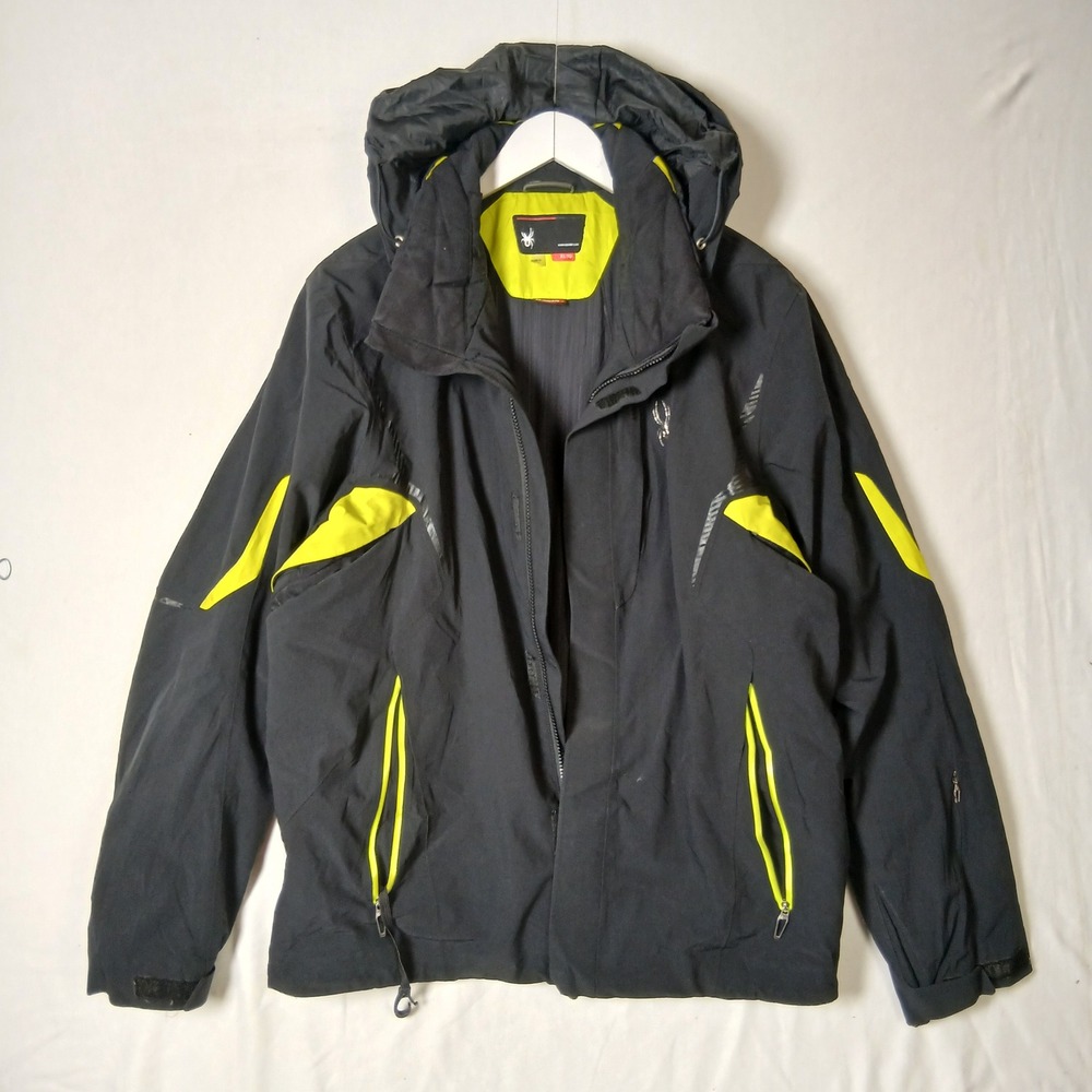 Spyder PrimaLoft Ski Jacket Mens XL Black Neon Yellow Hooded Winter Coat